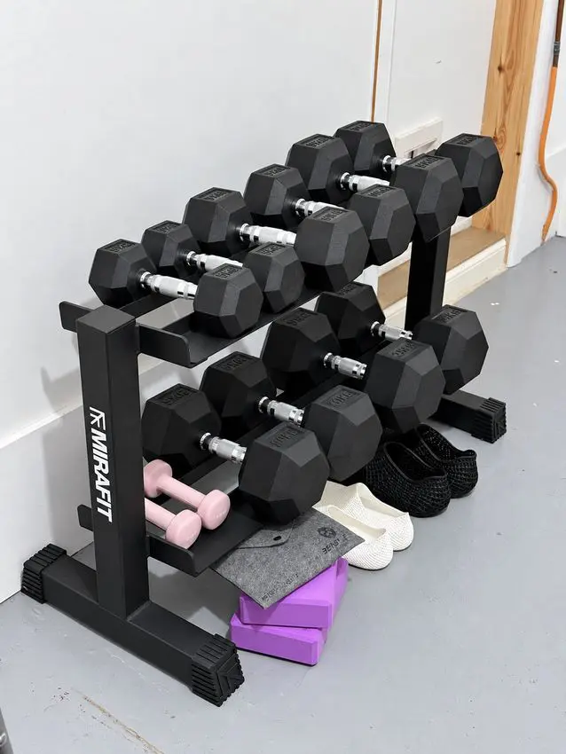 MiraFit two tier dumbbell rack with 5kg to 25kg hex dumbbells
