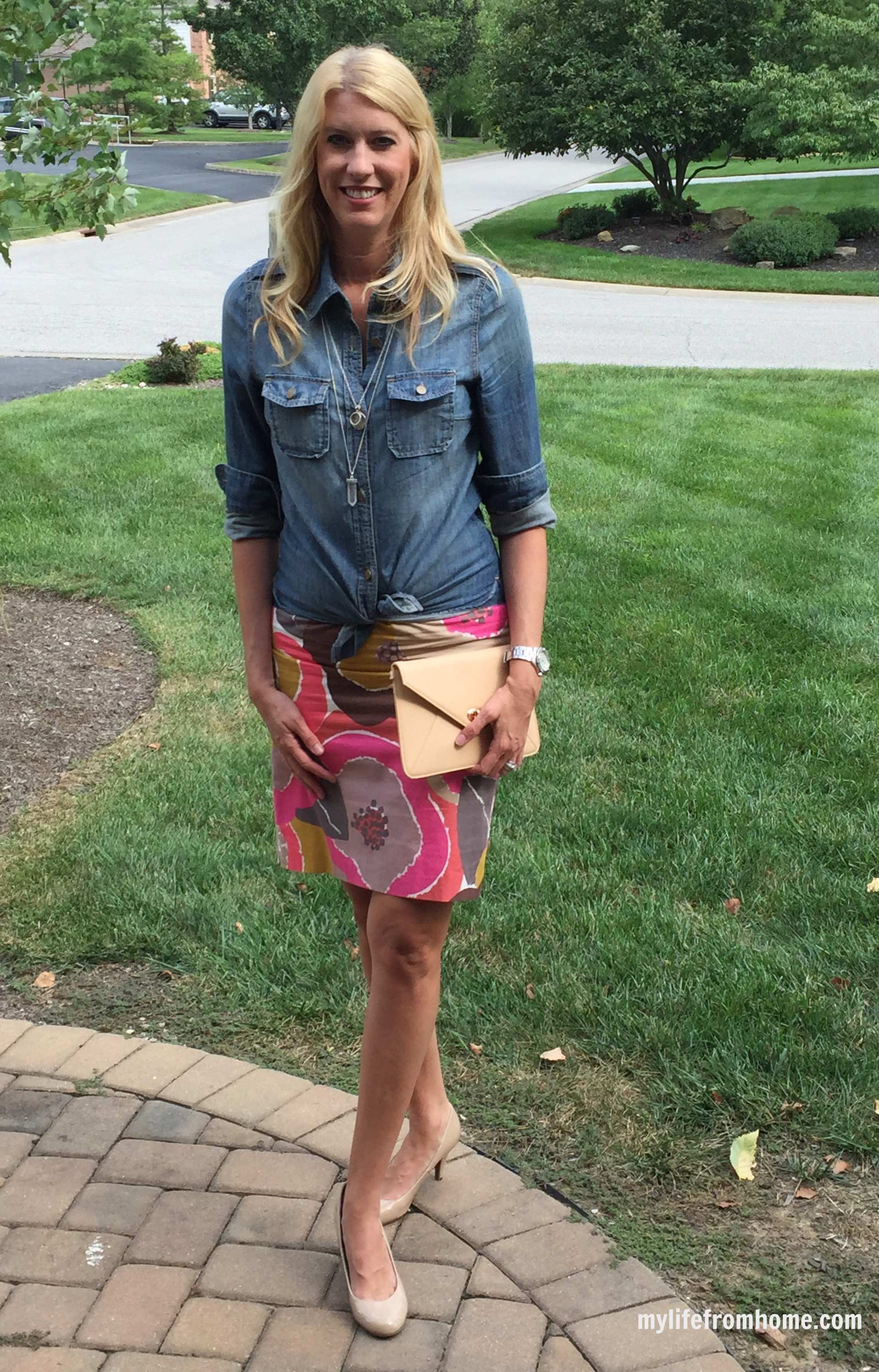 Denim Shirt Paired With a Skirt by www.whitecottagehomeandliving.com