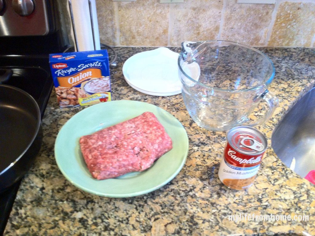 Ground beef, Lipton Secrets Onion mix, Cream of mushroom soup