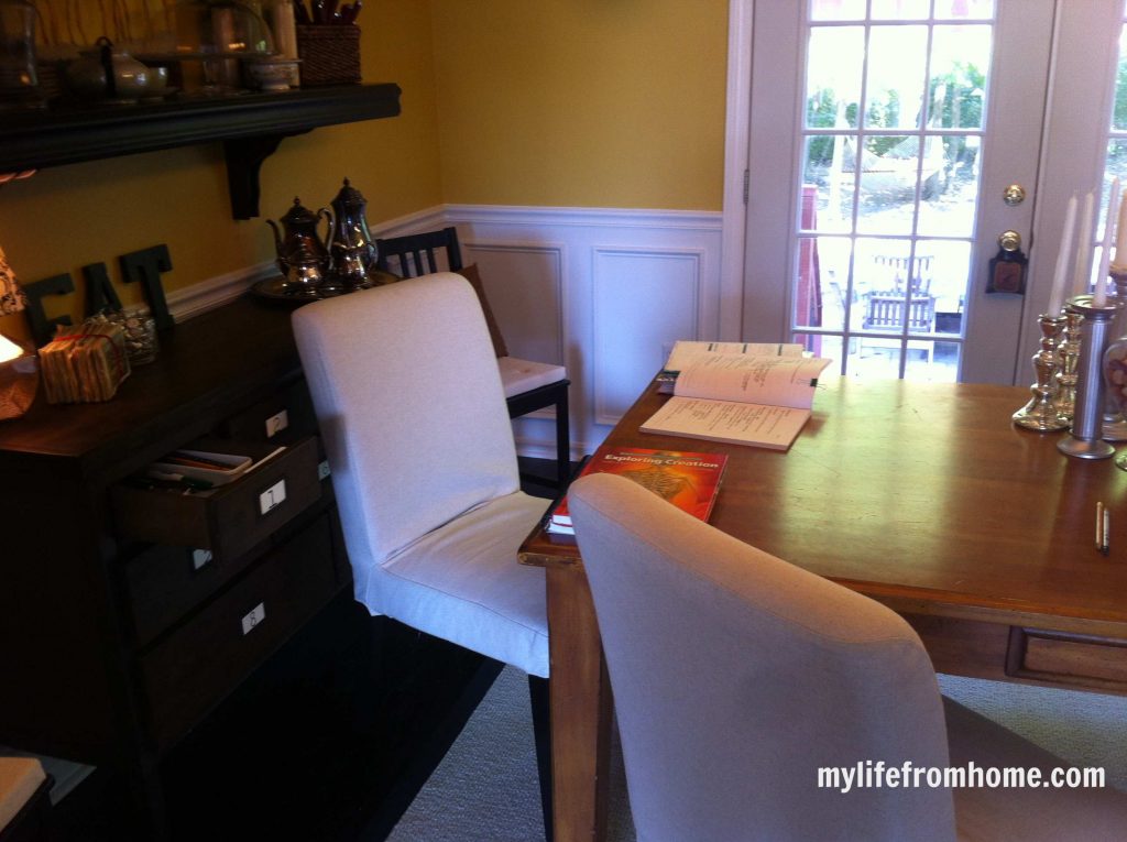 Here is our homeschooling area in our dining room.
