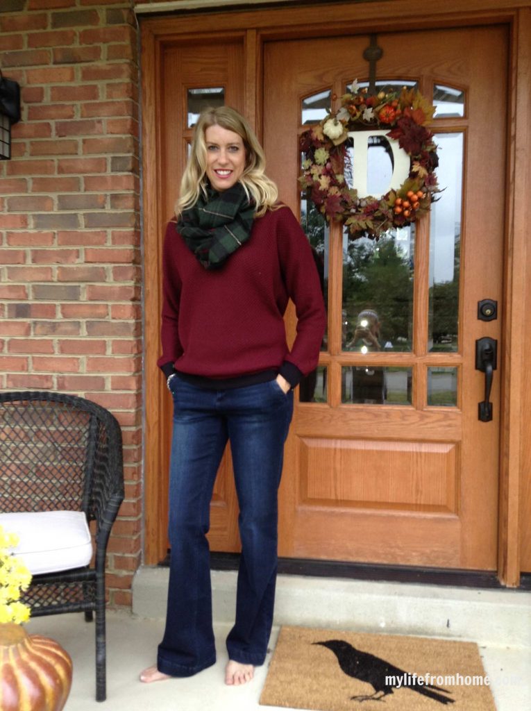 Wine waffle knit sweater, trouser jeans and infinity plaid scarf