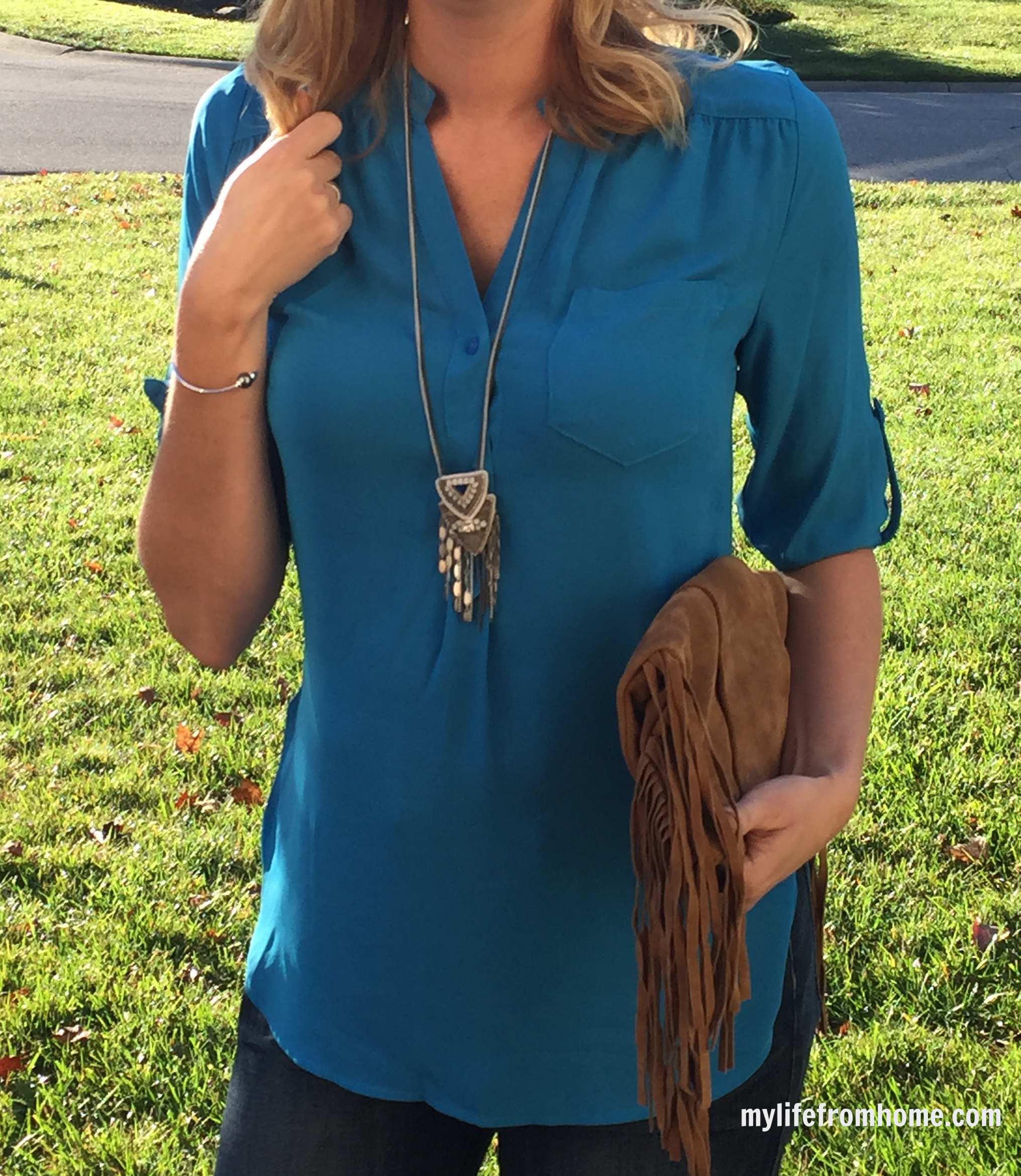 Stitch Fix Blouse, Stella & Dot Necklace and Fringe Purse by www.whitecottagehomeandliving.com