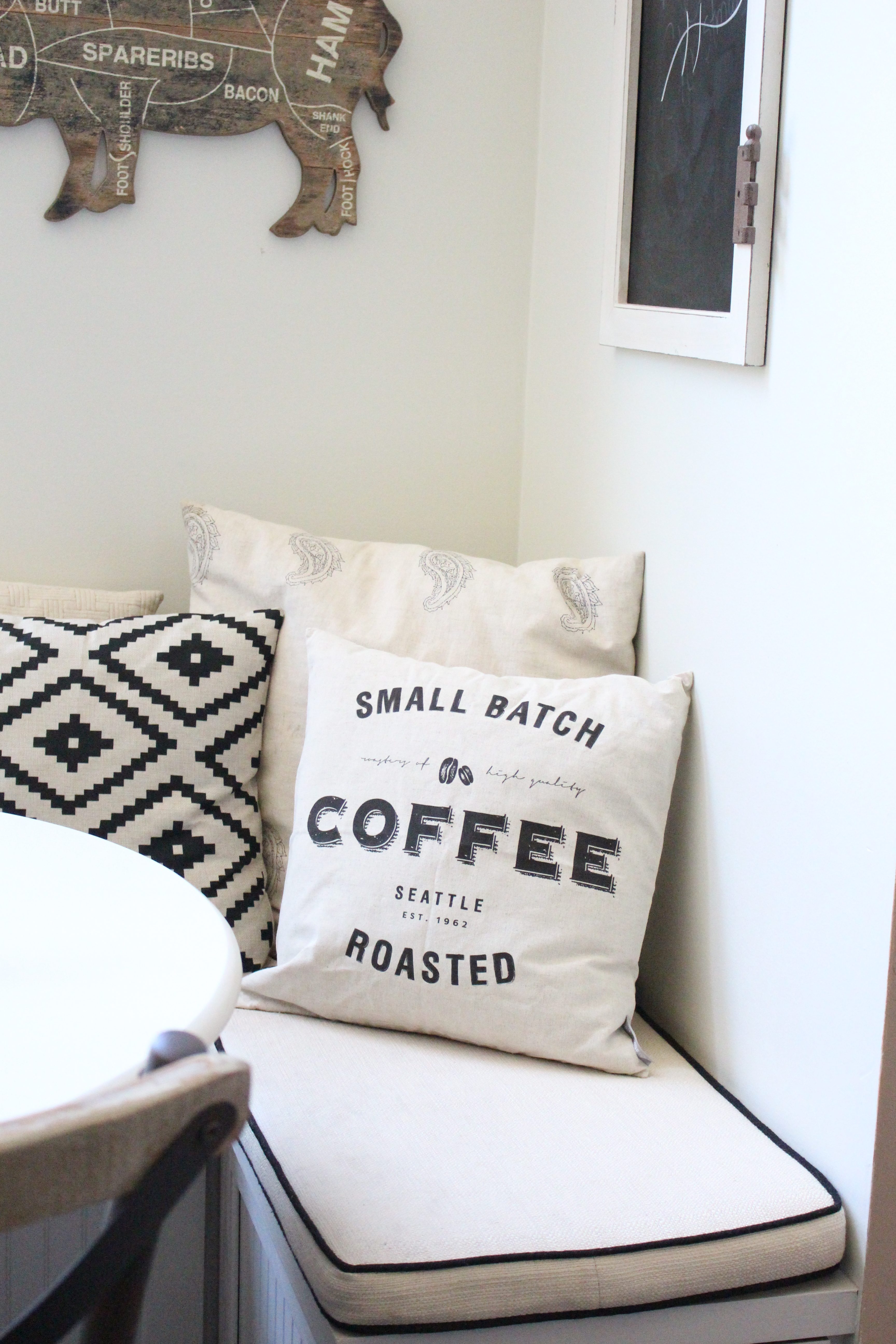 Coffee Pillow Cover in Built In Bench Nook by www.whitecottagehomeandliving.com