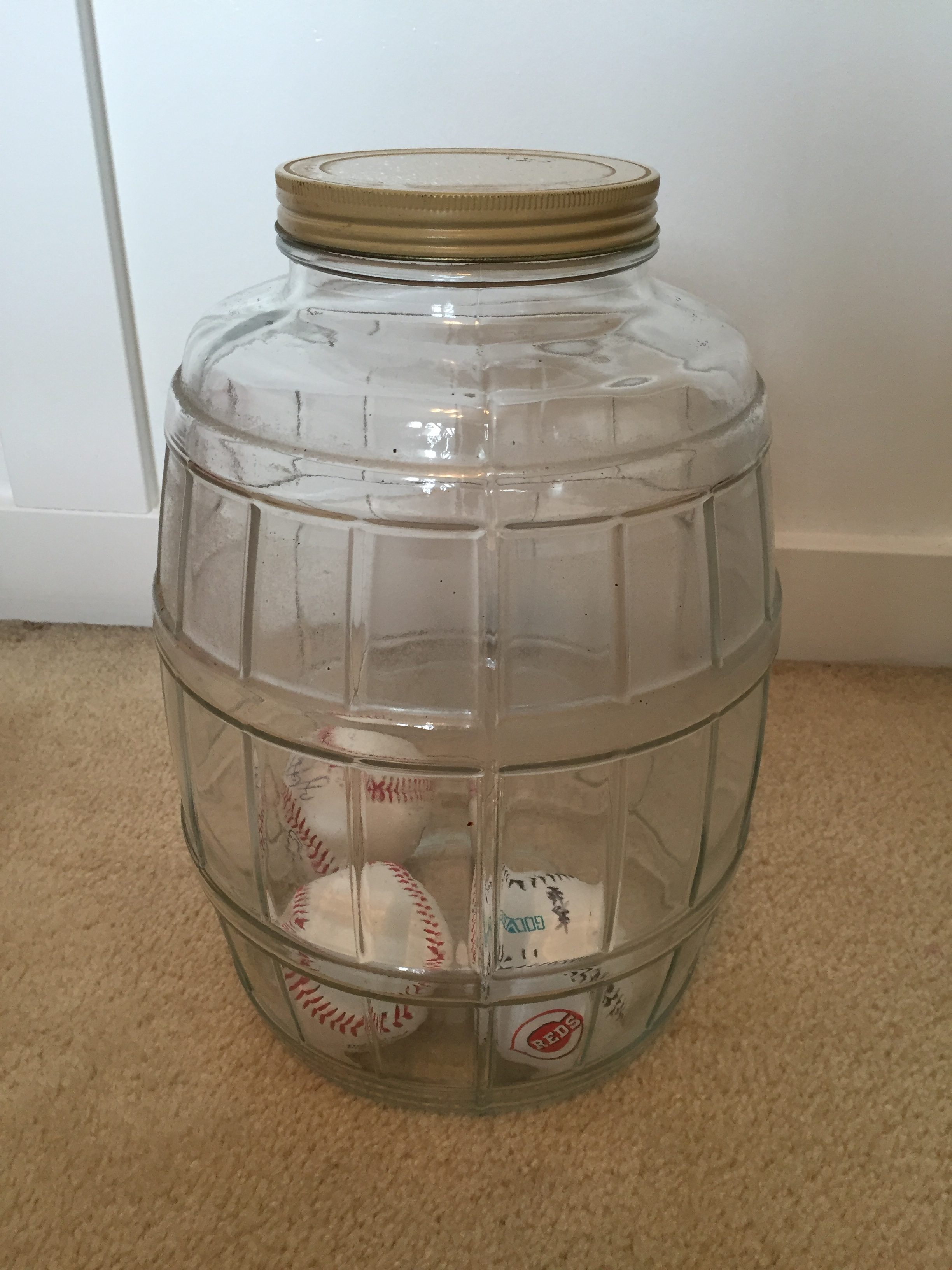 Large Antique Jar for housing Baseballs by www.whitecottagehomeandliving.com