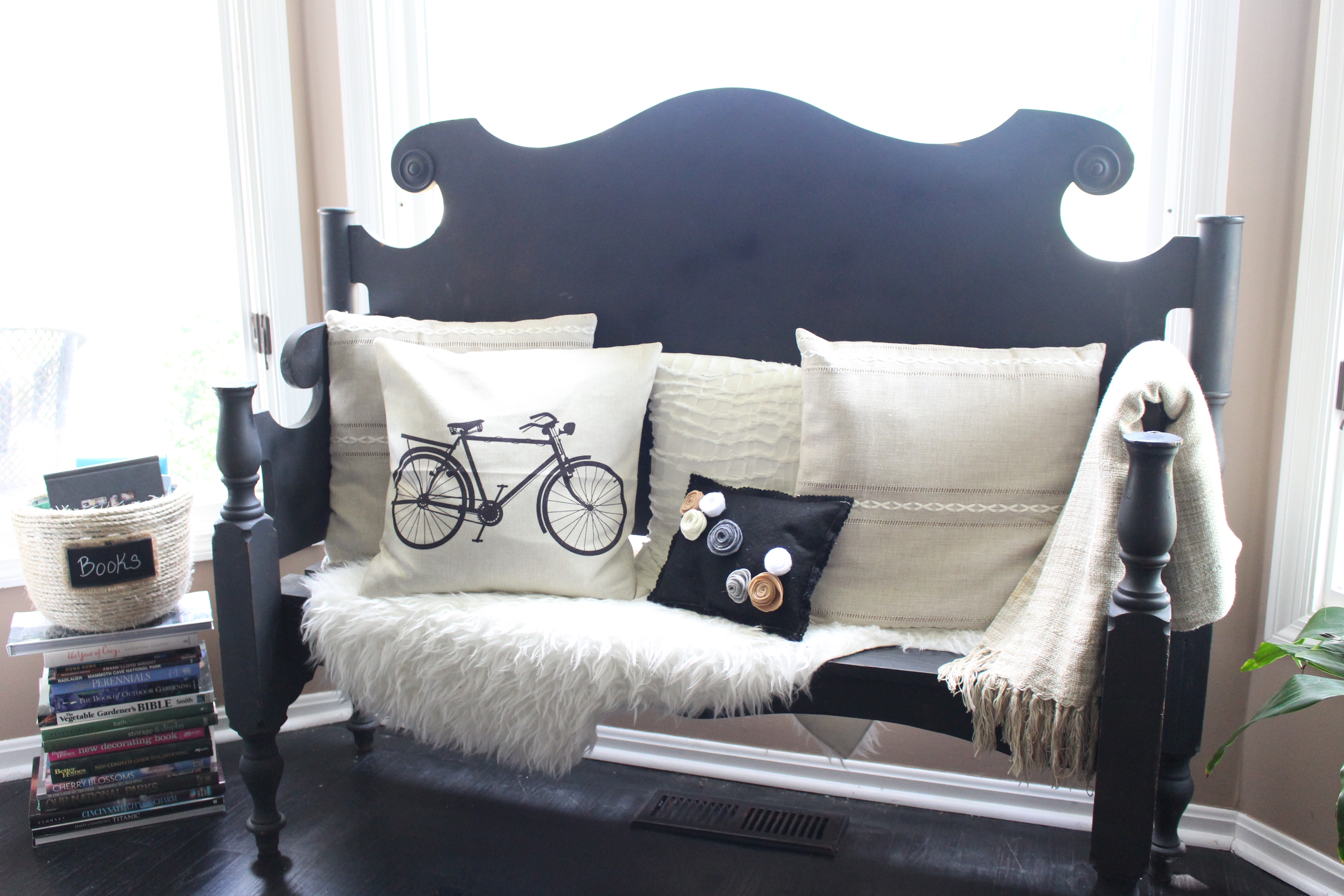 Headboard bench by www.whitecottagehomeandliving.com