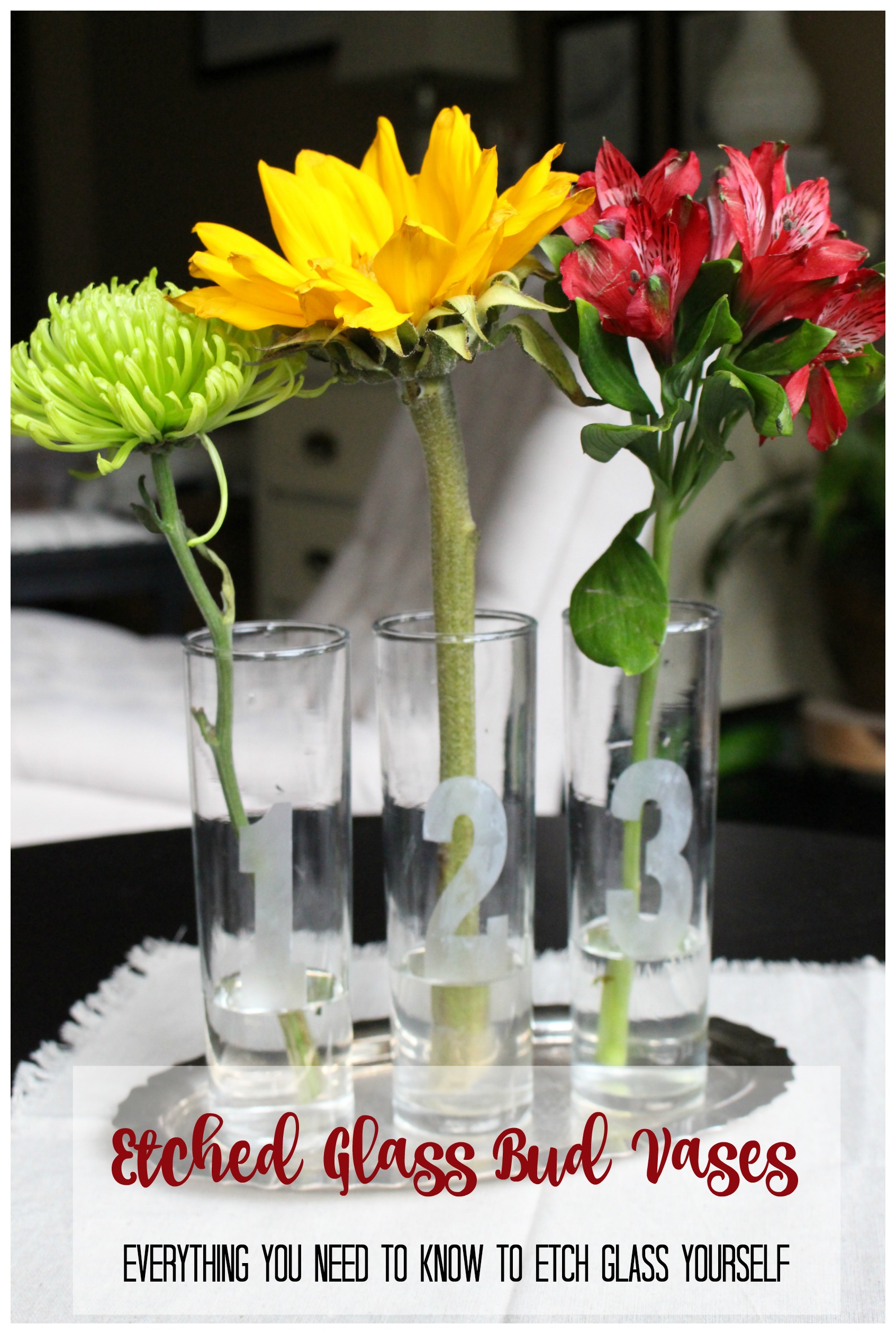 Etched Glass Bud Vases- how to etch glass- DIY- crafts- etching glass- easy etched glass projects- create with me challenge.