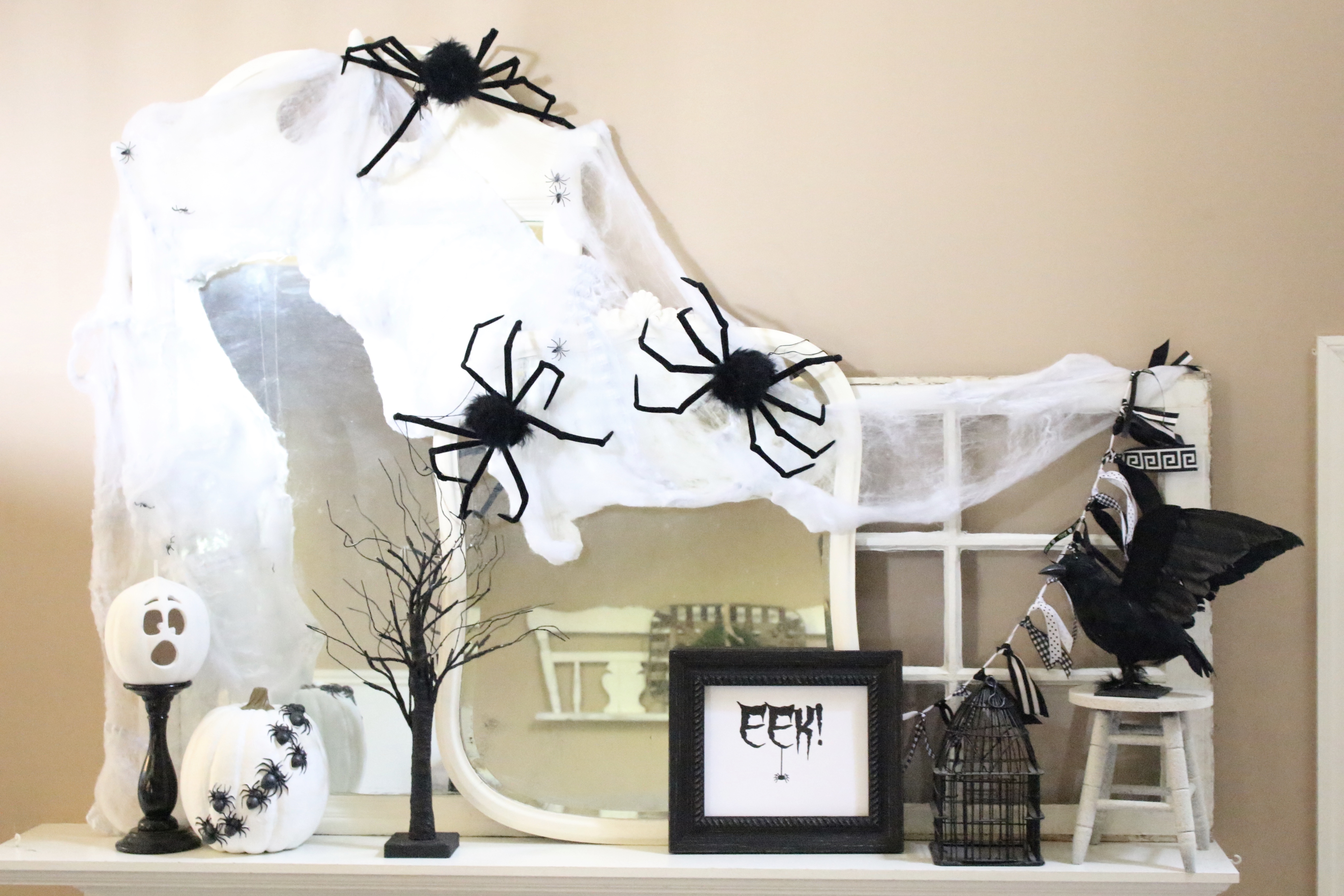 Halloween Mantel- decorated mantel for Halloween- Holidays- Halloween- black and white mantel- home decor