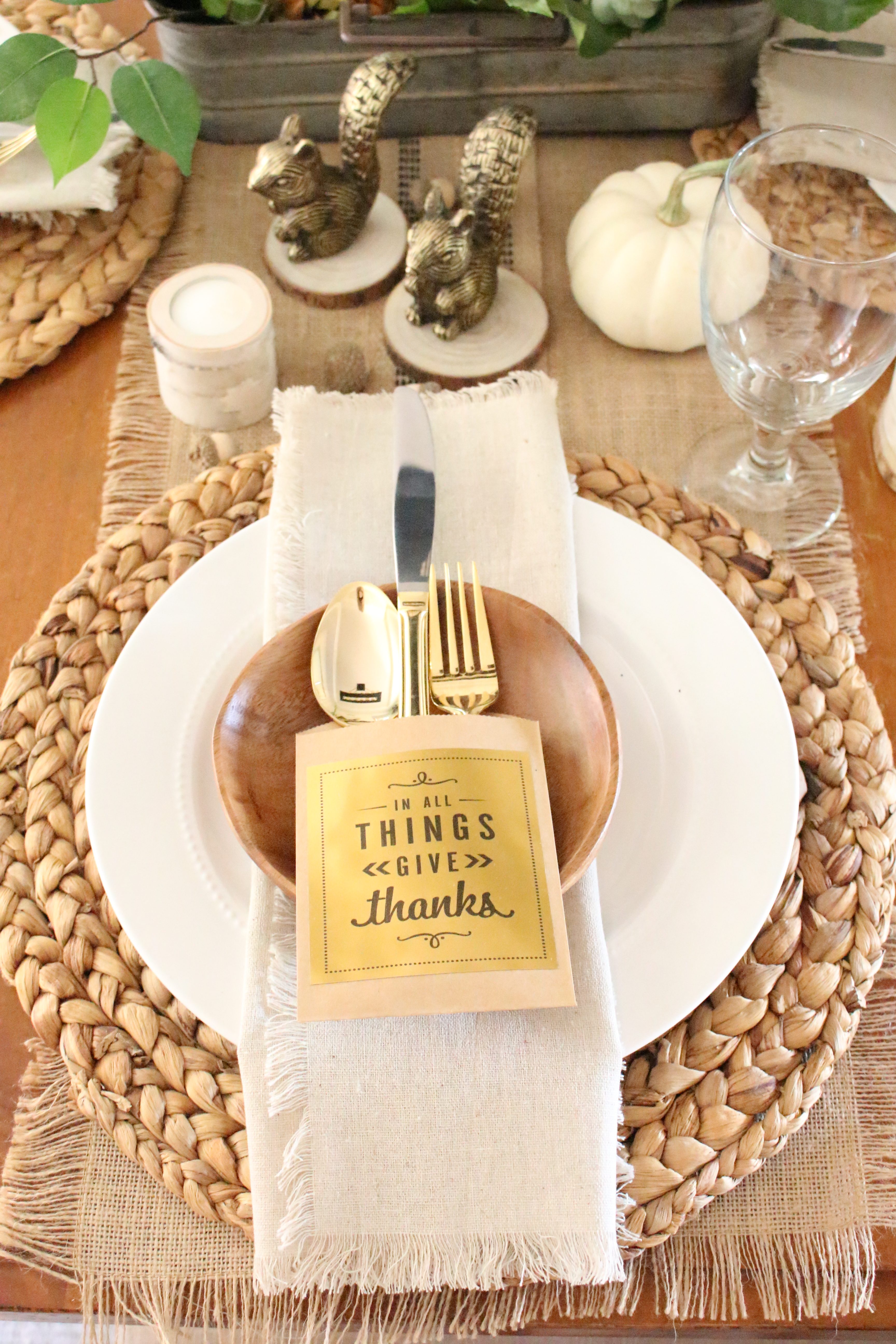 Thanksgiving Tablescape- rustic- tablescape- Thanksgiving- holiday table- Thanksgiving decor- table setting- home decor- place cards- diy