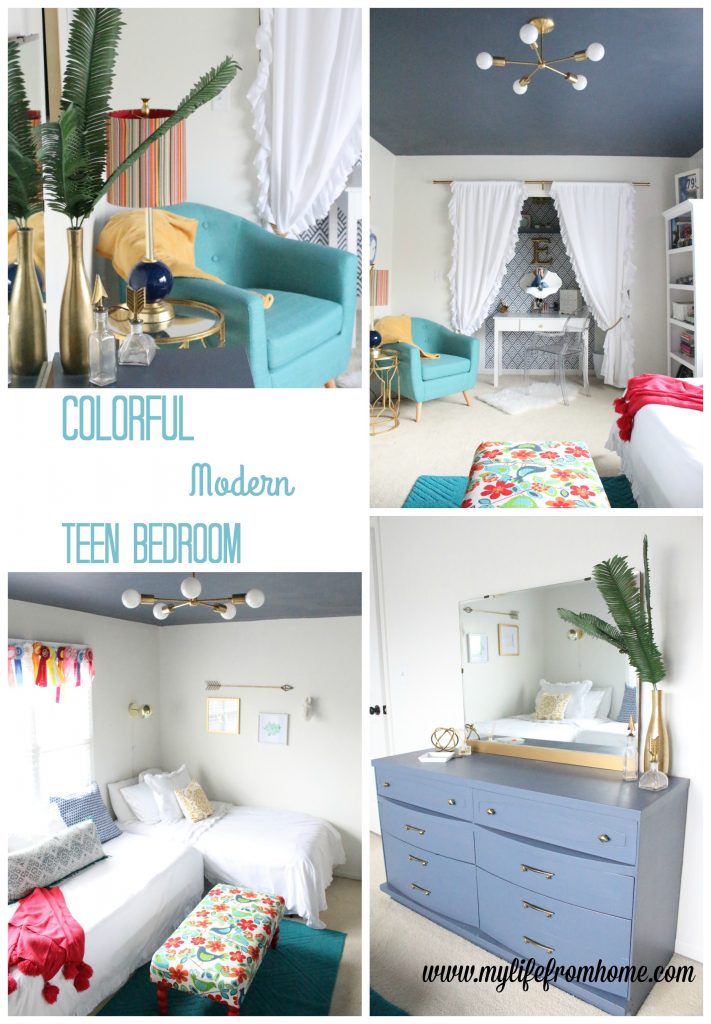 A Colorful Modern Teen Hangout Bedroom- kids bedrooms- gold accents- modern decor- home design- room design- redoing a teen bedroom- colorful bedroom- tween space- DIY- One Room Challenge