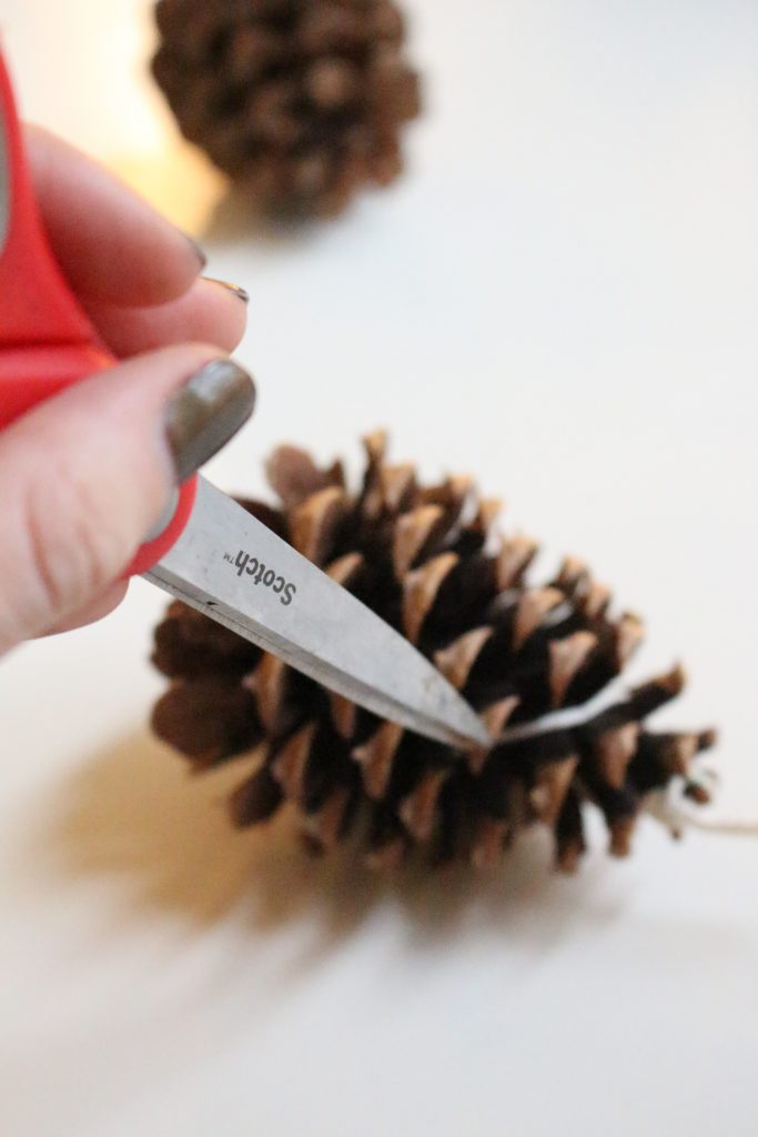 Attaching a wick to a pinecone with scissors