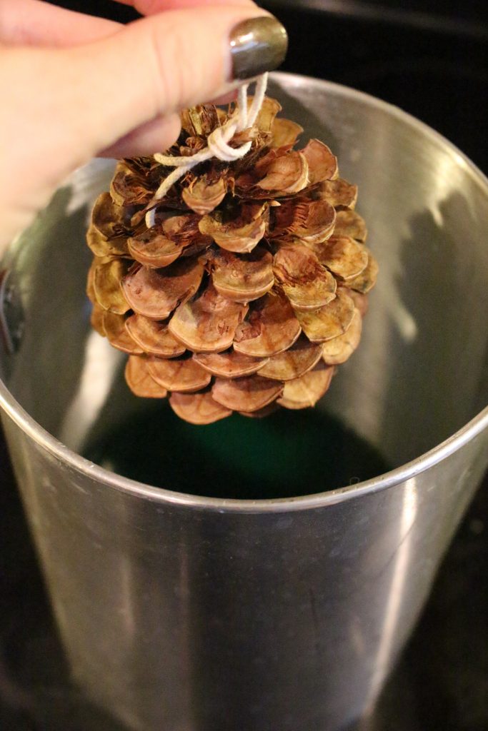 Dipping a pinecone in wax to create a fire starter