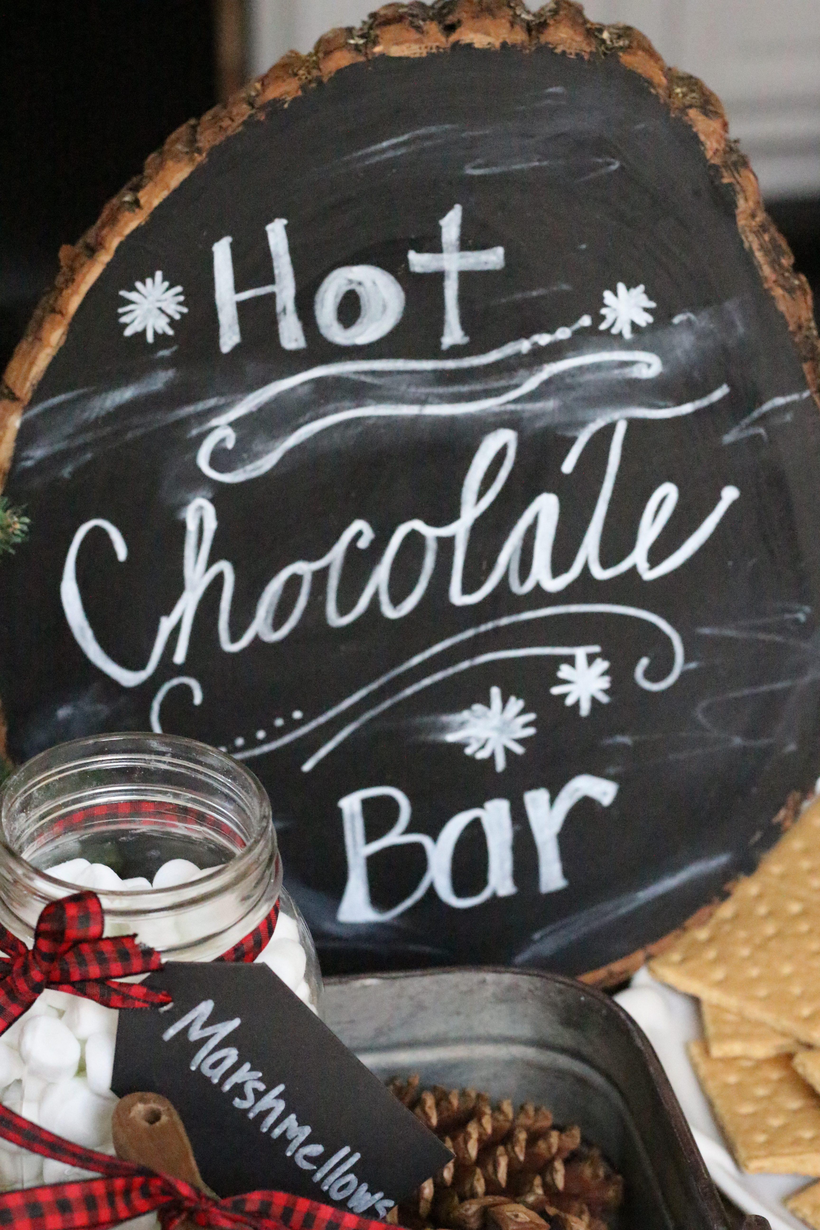 Hot Chocolate Station- winter themed party ideas- snow themed party- entertaining ideas- hot chocolate bar- party ideas