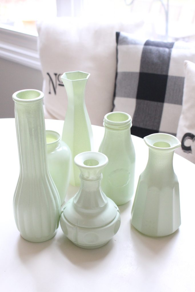 Make Your Own Milk Glass with Spray Paint- milk glass- faux milk glass- spray paint milk glass- vintage glass effects- thrift store vase- painting vases- spring decor- mantel decor- spring mantel