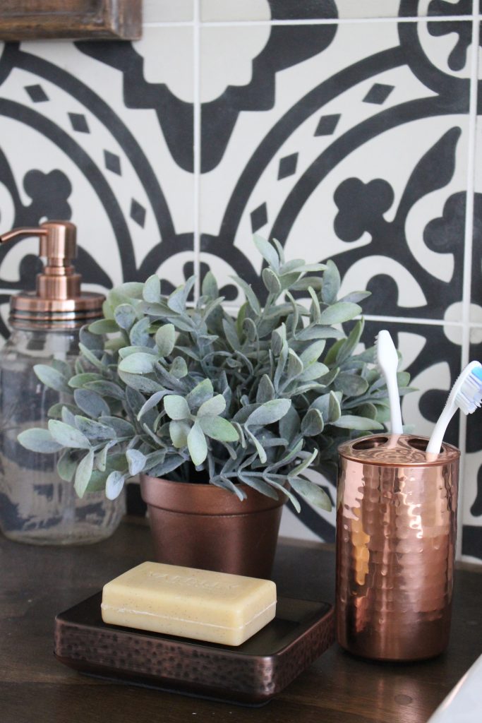 Master Bathroom Renovation- How to achieve a farmhouse style bathroom- farmhouse style- bathroom- remodeled bathroom- farmhouse bathroom- cement tile- copper accents- farmhouse style- bathroom update- bathroom reveal- bath