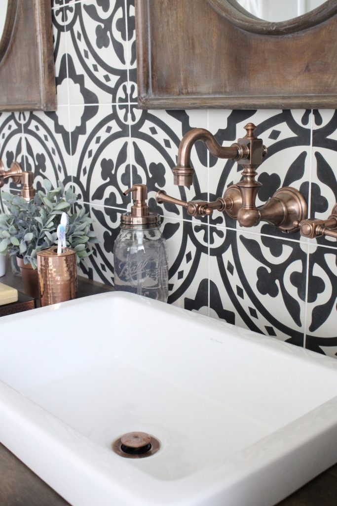 Master Bathroom Renovation- How to achieve a farmhouse style bathroom- farmhouse style- bathroom- remodeled bathroom- farmhouse bathroom- cement tile- copper accents- farmhouse style- bathroom update- bathroom reveal- bath