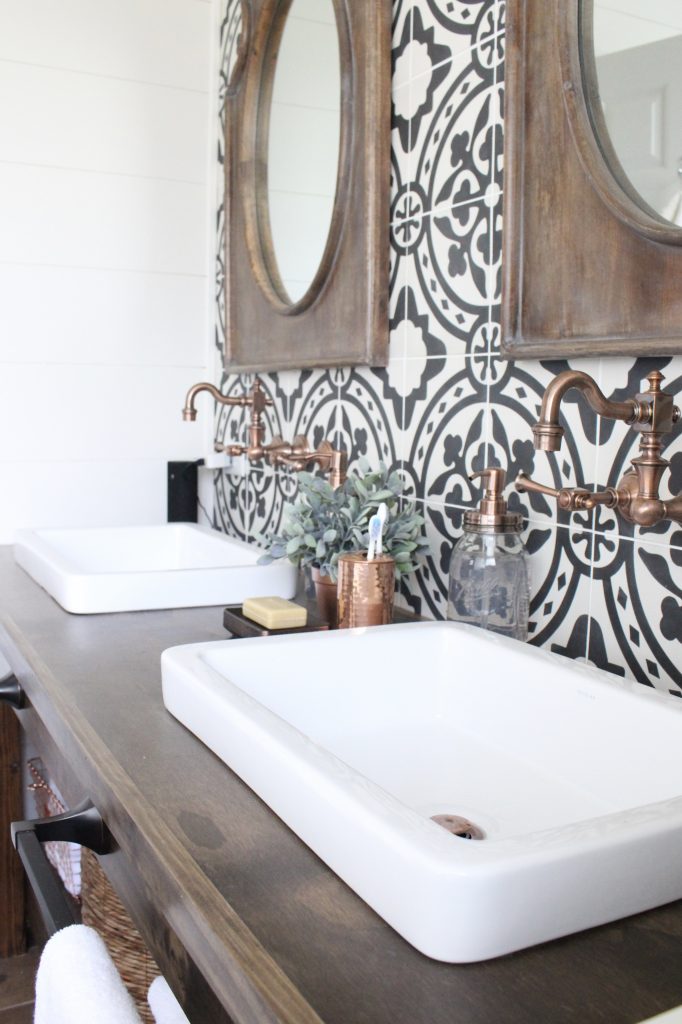 Master Bathroom Renovation- How to achieve a farmhouse style bathroom- farmhouse style- bathroom- remodeled bathroom- farmhouse bathroom- cement tile- copper accents- farmhouse style- bathroom update- bathroom reveal- bath