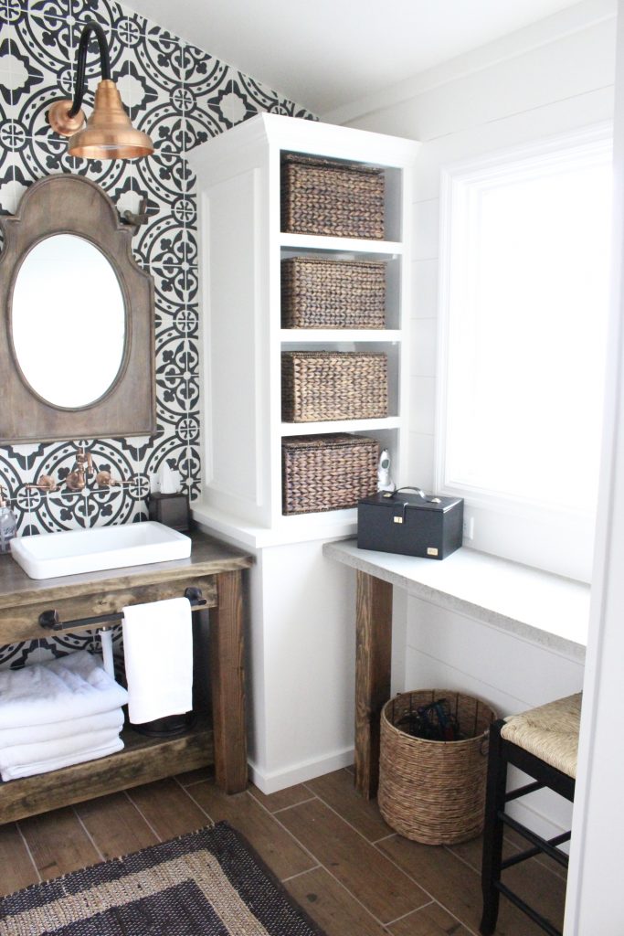 Master Bathroom Renovation- How to achieve a farmhouse style bathroom- farmhouse style- bathroom- remodeled bathroom- farmhouse bathroom- cement tile- copper accents- farmhouse style- bathroom update- bathroom reveal- bath