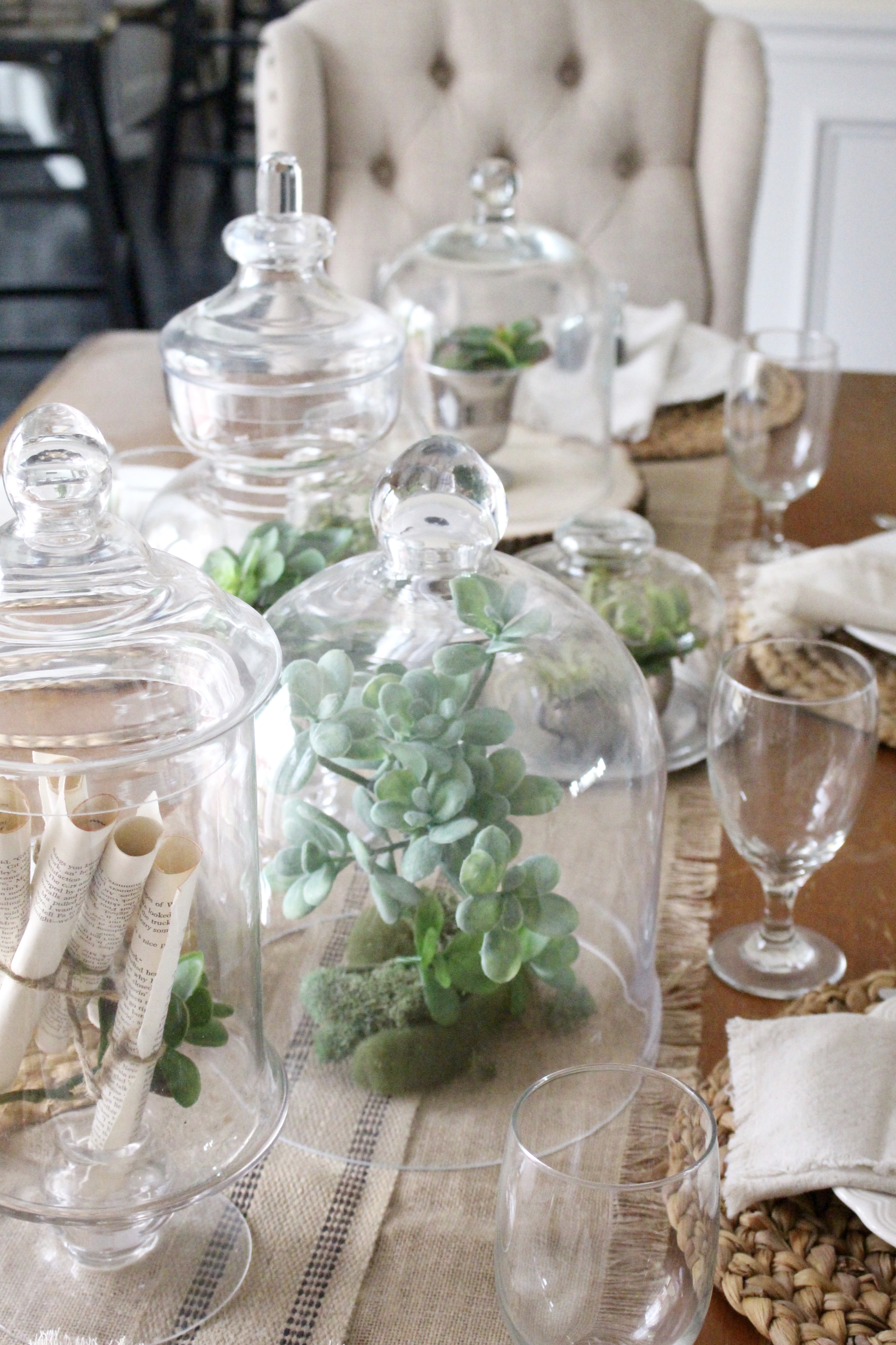 Spring Tablescape- using cloches- tables for spring- glass jars- spring decor- using succulents- succulents for a tablescape- table setting for spring- spring decorating- table decorations- succulents for spring