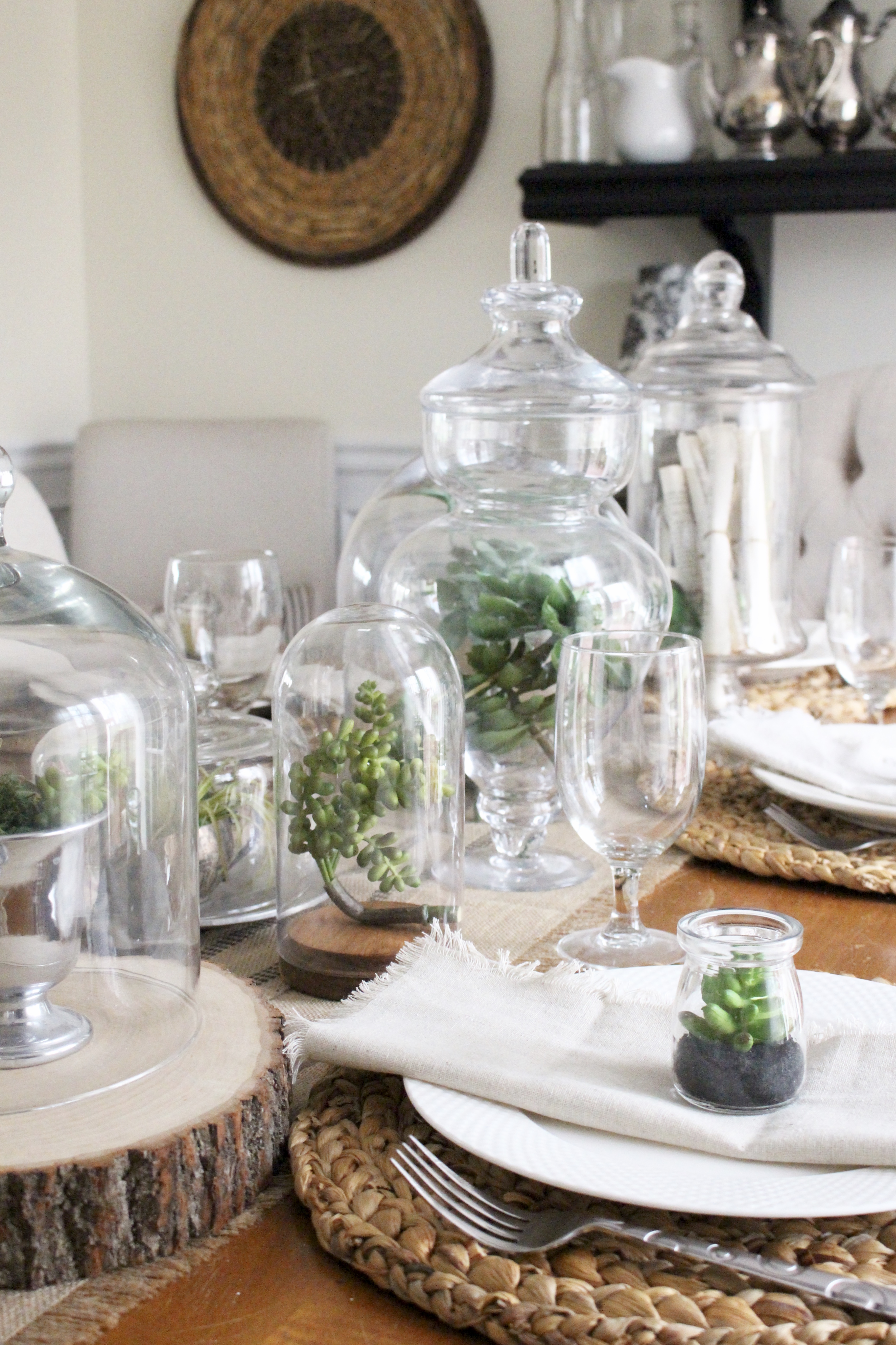 Spring Tablescape- using cloches- tables for spring- glass jars- spring decor- using succulents- succulents for a tablescape- table setting for spring- spring decorating- table decorations- succulents for spring