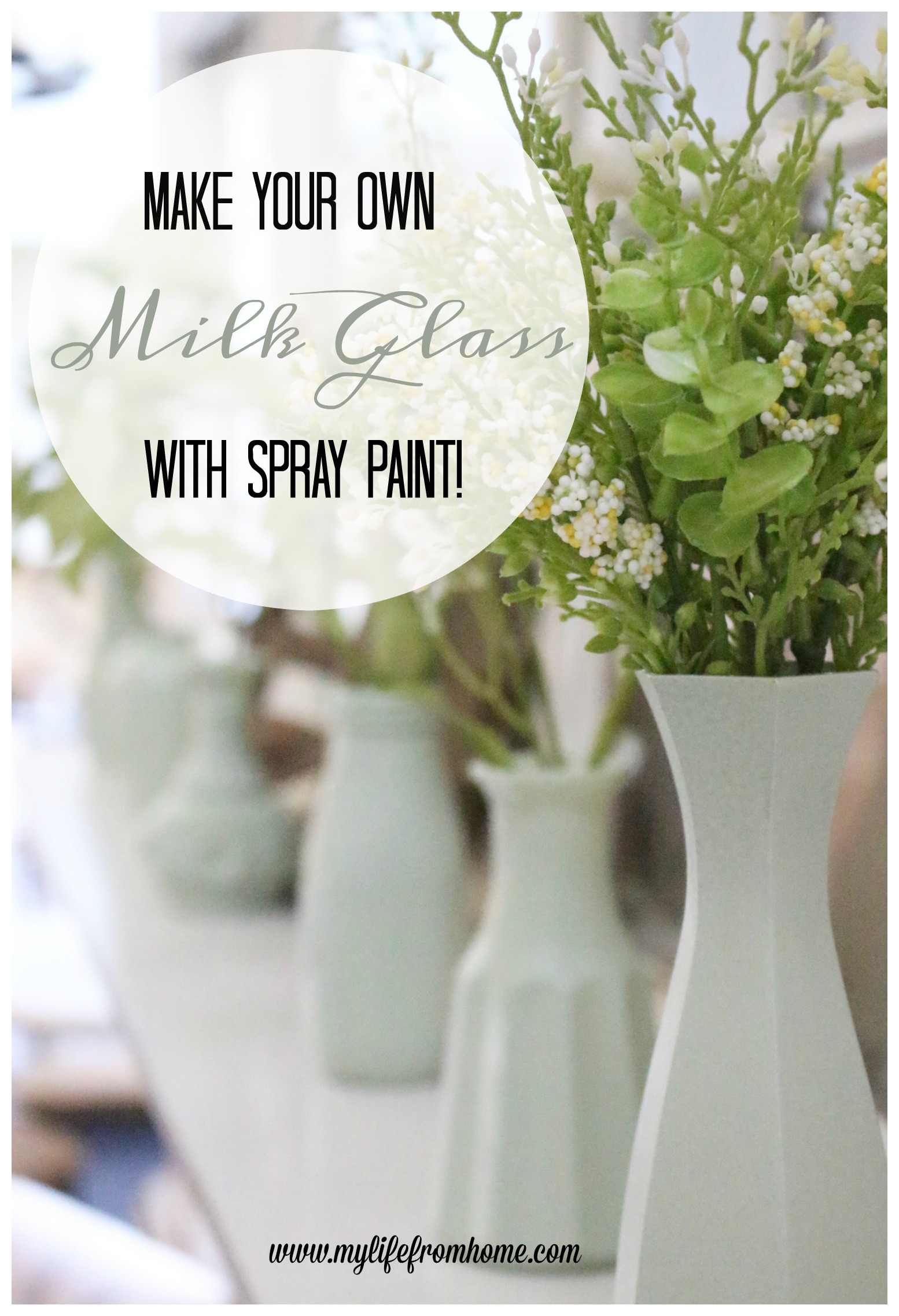 Make Your Own Milk Glass with Spray Paint- milk glass- faux milk glass- spray paint milk glass- vintage glass effects- thrift store vase- painting vases- spring decor- mantel decor- spring mantel