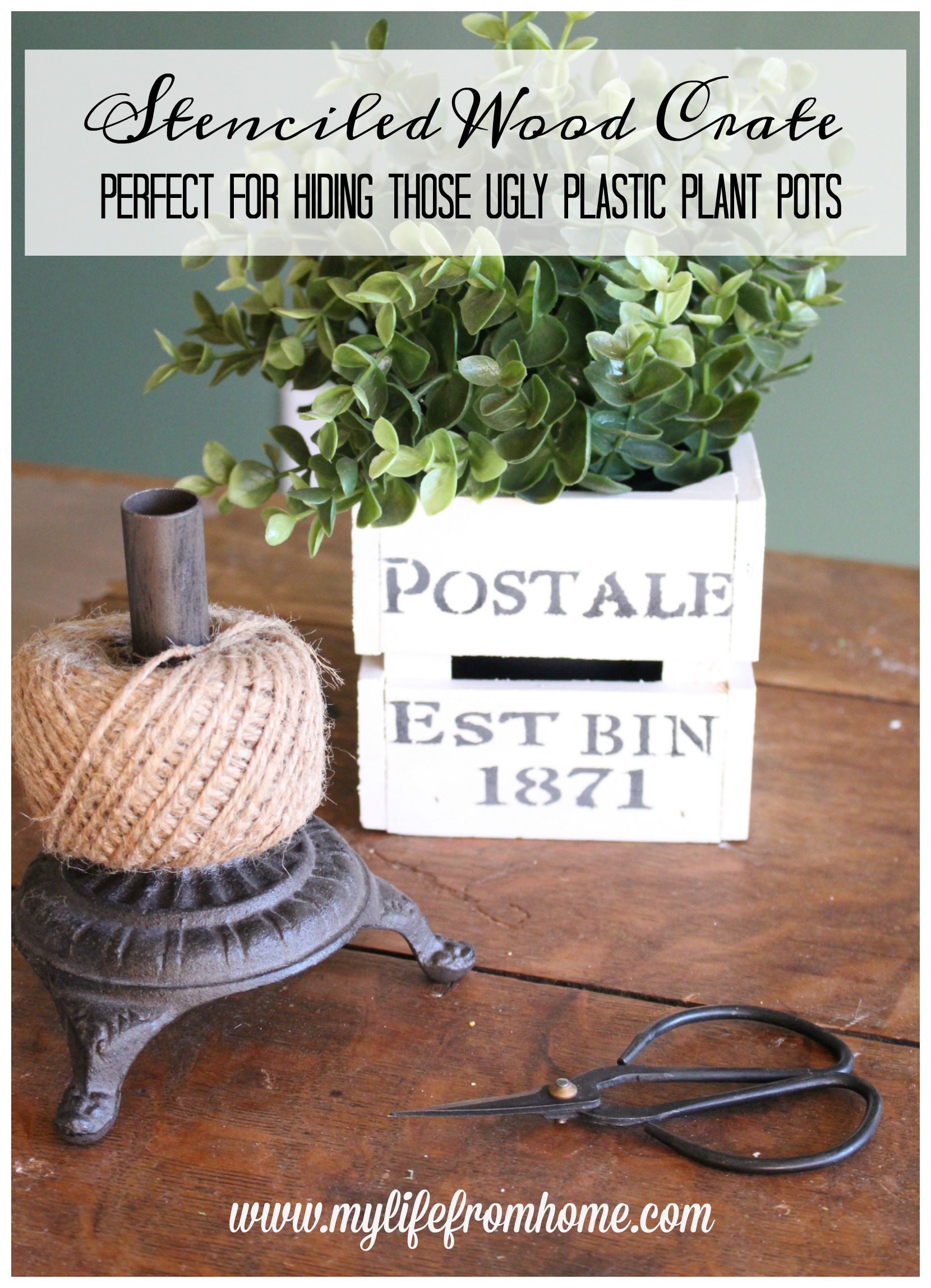 Stenciled Wood Crate- small crate- stencil on wood- vintage stencil- hiding ugly plastic plant pots- faux plant holder- plant pot