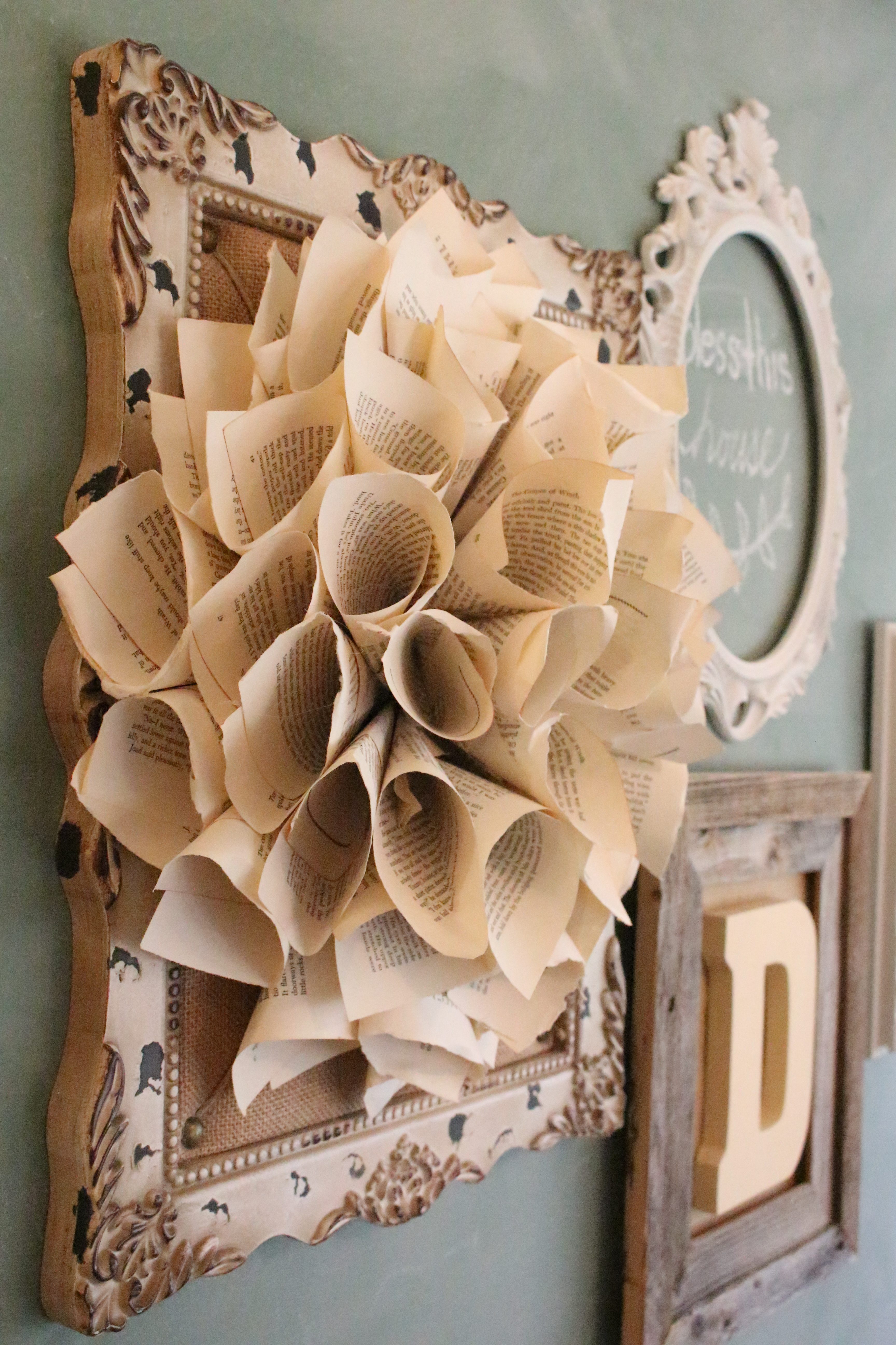 Book page flower- book pages- wreath made from book pages- book page projects- crafts/ DIY- There for the Making Challenge- how to make a book page flower- books- flowers
