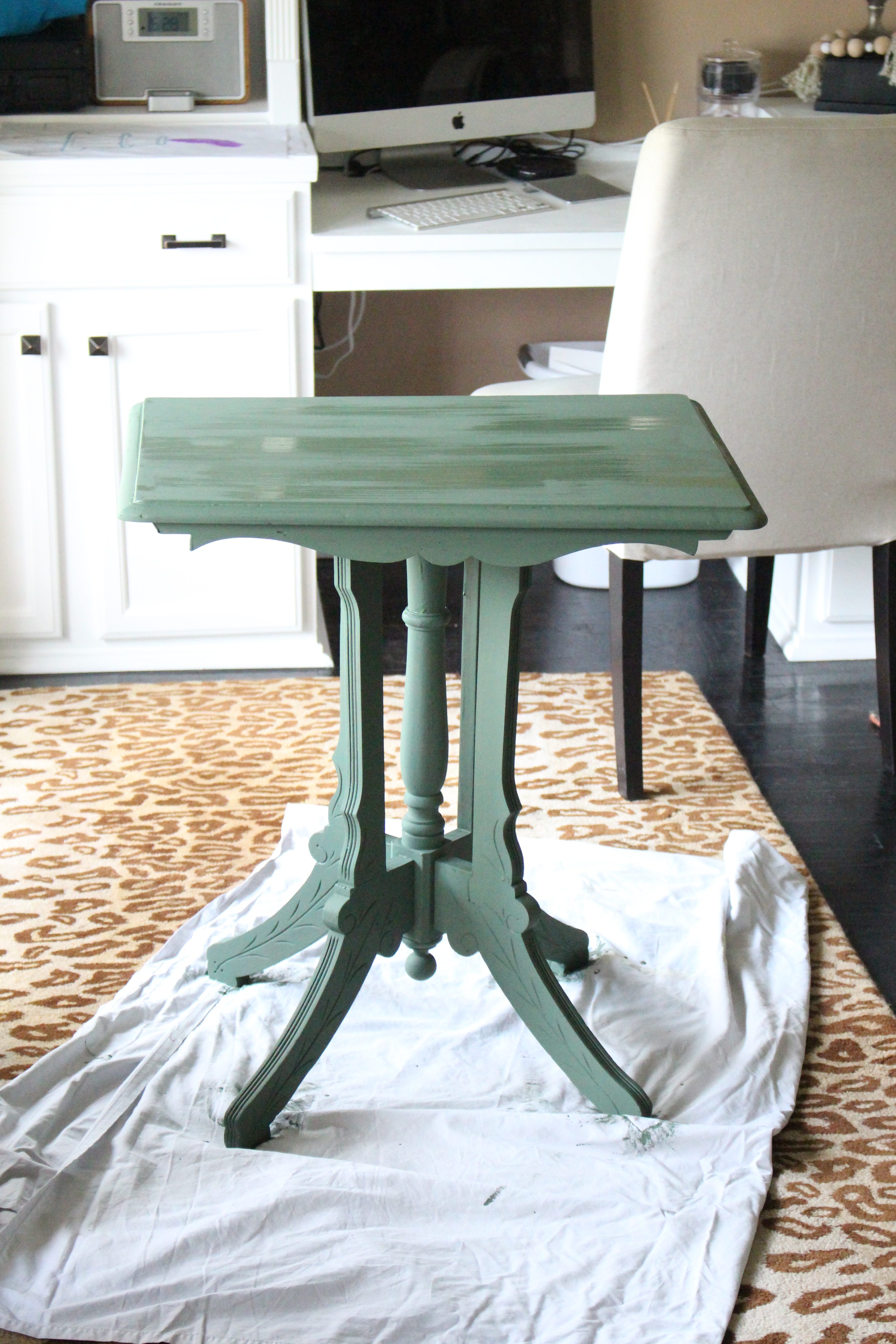 Amy Howard Paint- painting furniture- one step paint- how to age a piece of furniture- dark wax- painted table- green side table- how to wax furniture