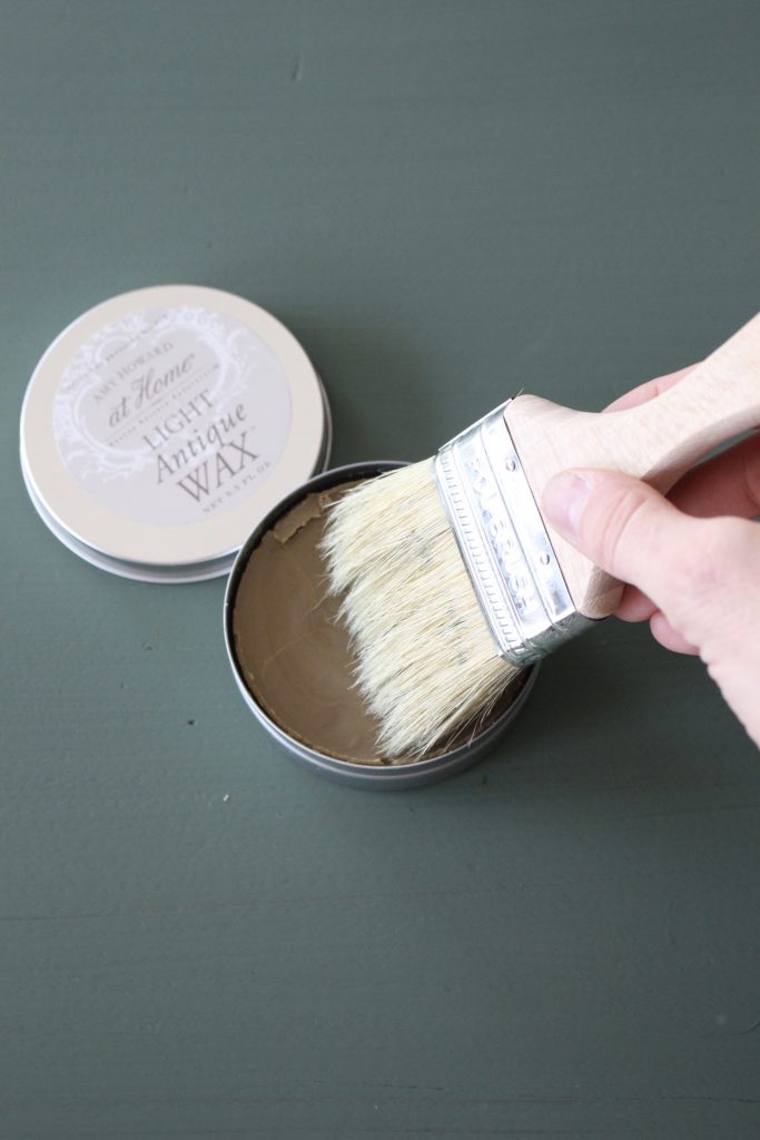 Amy Howard Paint- painting furniture- one step paint- how to age a piece of furniture- dark wax- painted table- green side table- how to wax furniture