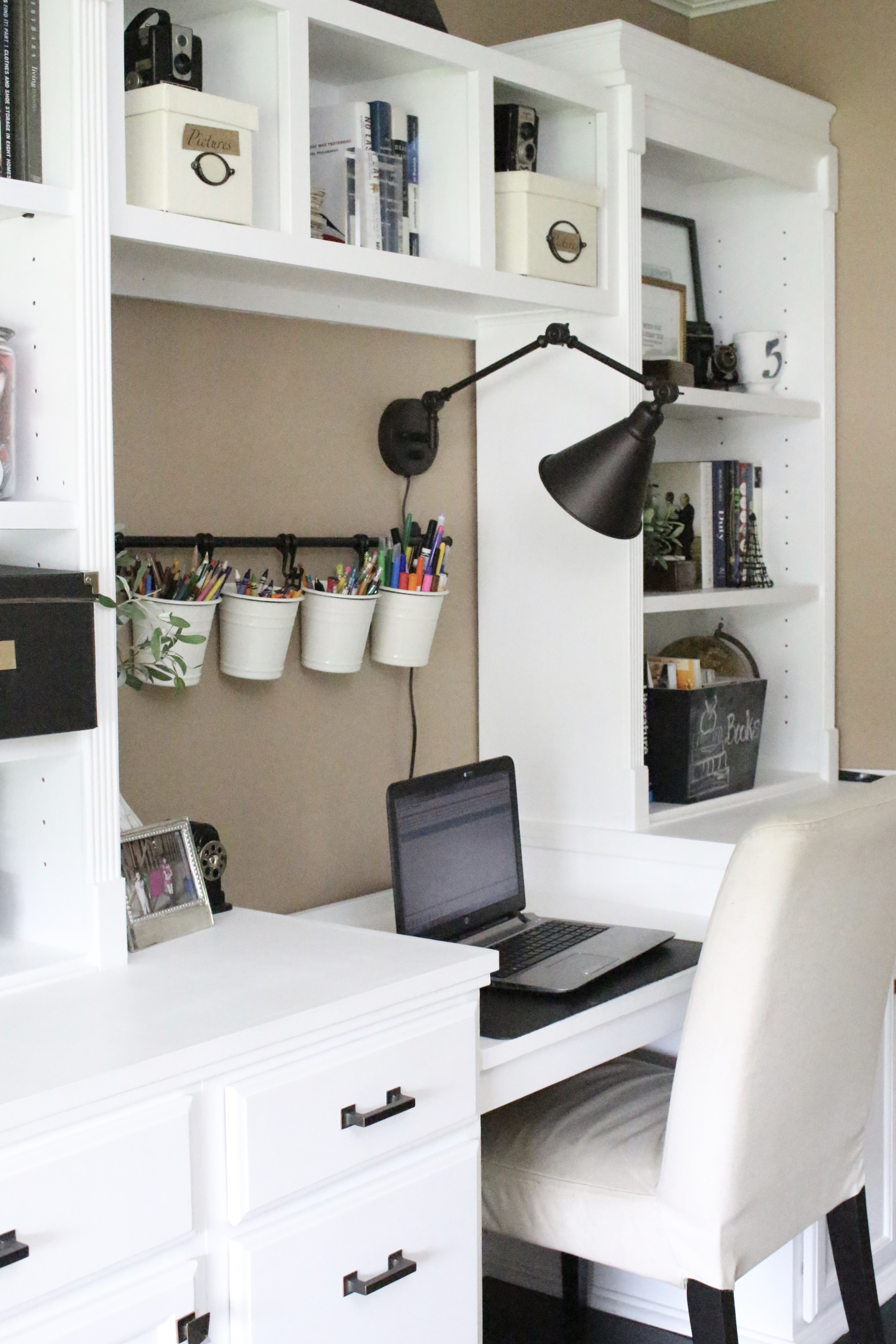 Home office ideas- craft room- reveal- home office space- craft supply storage ideas- One Room Challenge- renovation- home tour- office makeover- One Room Challenge Reveal Week 6- farmhouse style office- neutral decor- built in shelving- styling shelves