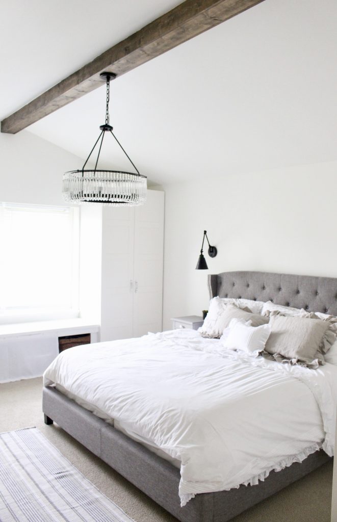 master bedroom- bedroom ideas- bedroom- renovation- DIY- Do it Yourself- DIY projects- Room Design- Rustic Home Decor- farmhouse- style- modern farmhouse- Decoration Ideas- Wall decorating ideas- bedding- Room Decor ideas- wood beam- sconces- fireplace- upholstered bed- IKEA wardrobes