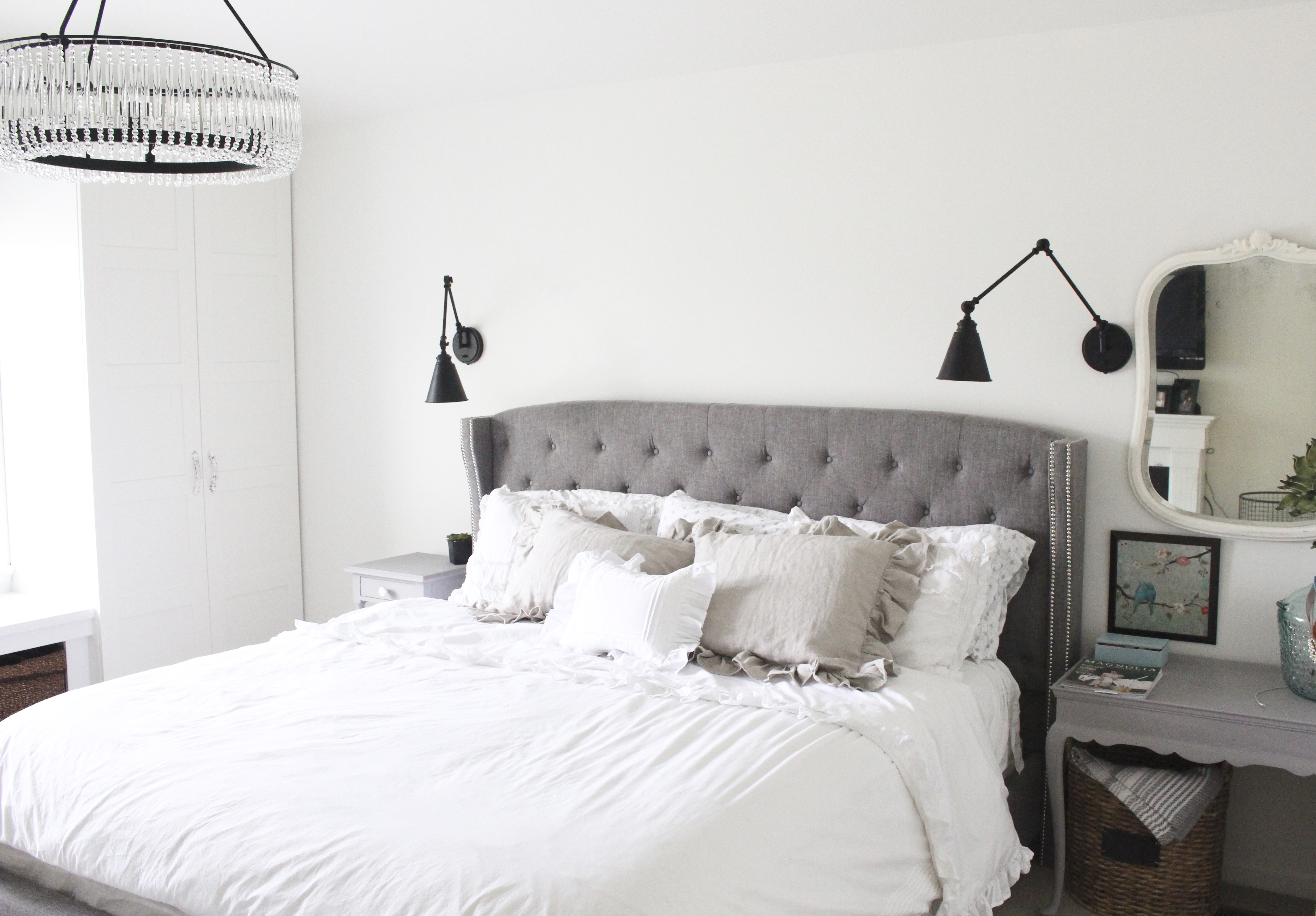 master bedroom- bedroom ideas- bedroom- renovation- DIY- Do it Yourself- DIY projects- Room Design- Rustic Home Decor- farmhouse- style- modern farmhouse- Decoration Ideas- Wall decorating ideas- bedding- Room Decor ideas- wood beam- sconces- fireplace- upholstered bed- IKEA wardrobes