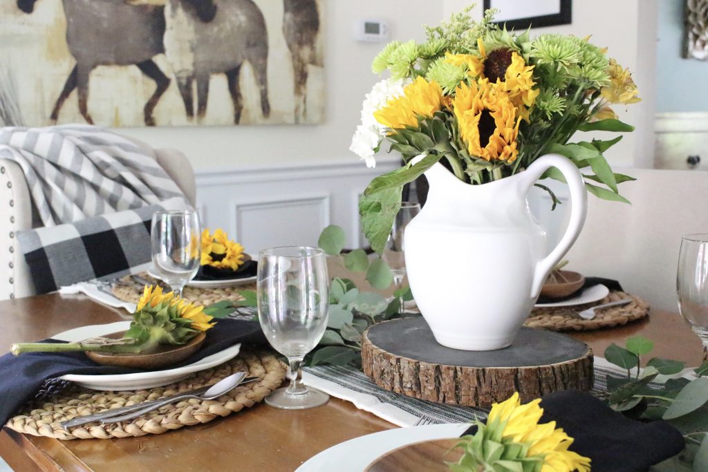 Summer- Dining Room- Tablescape- Table Setting- sunflowers- Do it Yourself- DIY- DIY projects- decorating ideas- room design- rustic home decor- decoration days- room decor ideas- Back to Basics series