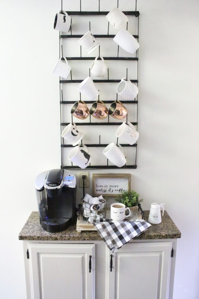 How to Set Up a Kitchen Coffee Station- kitchen- coffee- station- coffee bar- DIY- DIY projects- Do it Yourself- room design- Home Decor- Decoration Ideas- Room Decor Ideas- mug rack- rustic home decor- coffee sign- buffalo check