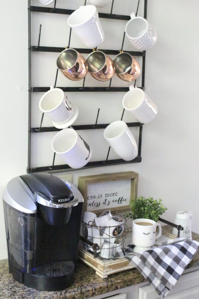 How to Set Up a Kitchen Coffee Station- kitchen- coffee- station- coffee bar- DIY- DIY projects- Do it Yourself- room design- Home Decor- Decoration Ideas- Room Decor Ideas- mug rack- rustic home decor- coffee sign- buffalo check- copper mugs