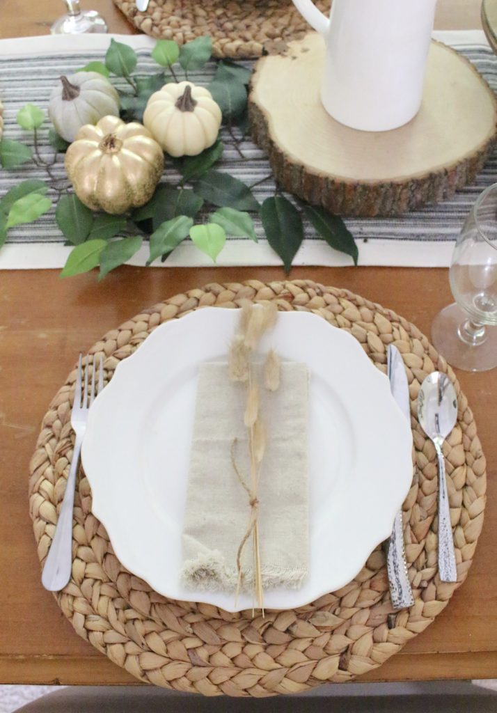 Simple Neutral Fall Tablescape- How to Create a Neutral Fall Table- table decor- table setting- tablescape- home design- fall- seasonal decor- Do it Yourself- DIY- DIY projects- rustic home decor- decoration ideas- room decor ideas- woven chargers