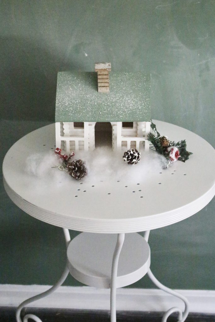 Wood log cabin- painted house- bristle bottle trees- Hobby Lobby- seasonal decor- winter- Christmas- diy- diy project- diy craft- rustic home decor- painted projects- home decor- snow village