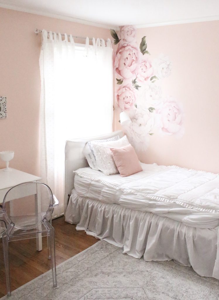 Sweet & Feminine Tween Girl bedroom space- kids bedrooms- girl bedrooms- flower wall decals- white ruffled bedding- pink room- home design- home decor- wall decor ideas- bedroom decor ideas- white bedding