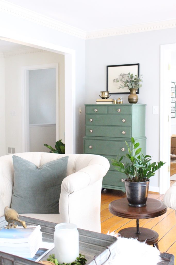 A wood dresser painted green- Amy Howard paints- One step paint- green- Cherbourg- how to use chalk paint- chalk painted finish- green furniture- how to paint furniture- home design- DIY- Do it Yourself project- painted furniture- room design