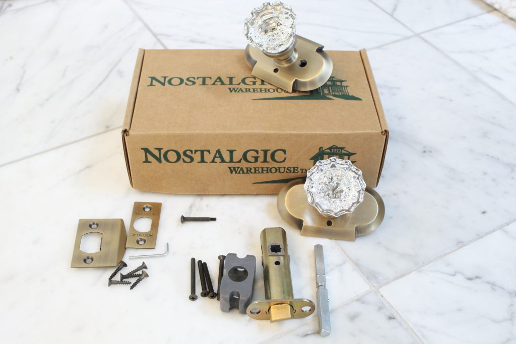 Nostalgic Warehouse Crystal Knobs with Antique Brass Cottage Plate- home design- DIY- Do it Yourself Project- changing doorknobs- farmhouse style- cottage style- doorknobs- hardware- antique brass