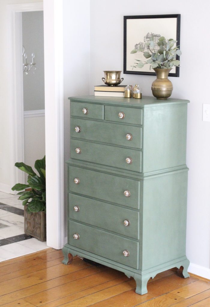 A wood dresser painted green- Amy Howard paints- One step paint- green- Cherbourg- how to use chalk paint- chalk painted finish- green furniture- how to paint furniture- home design- DIY- Do it Yourself project- painted furniture- gold accessories