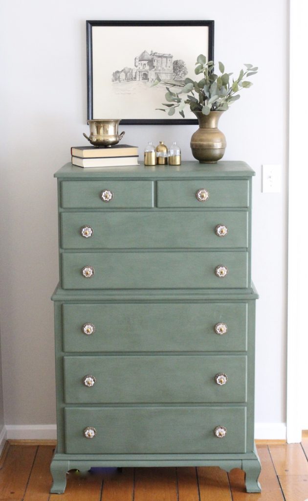 A wood dresser painted green- Amy Howard paints- One step paint- green- Cherbourg- how to use chalk paint- chalk painted finish- green furniture- how to paint furniture- home design- DIY- Do it Yourself project- painted furniture- new knobs
