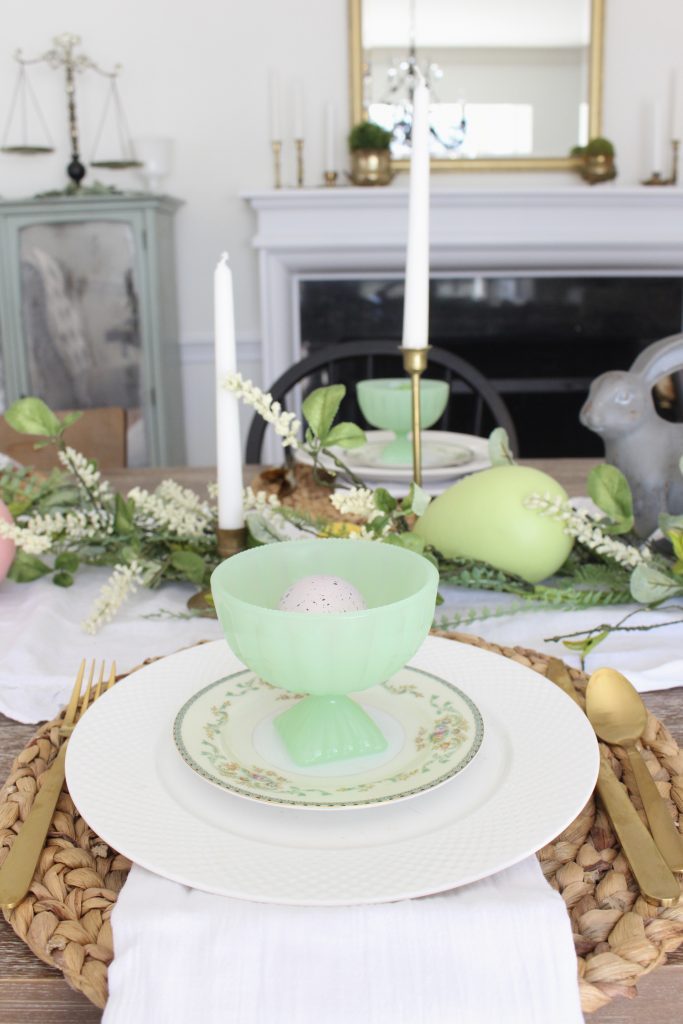 Easter- Tablescape- Pastel- milk glass- table setting- spring- decor- dining room- home decor- vintage china- Easter eggs- brass candlesticks- gold flatware