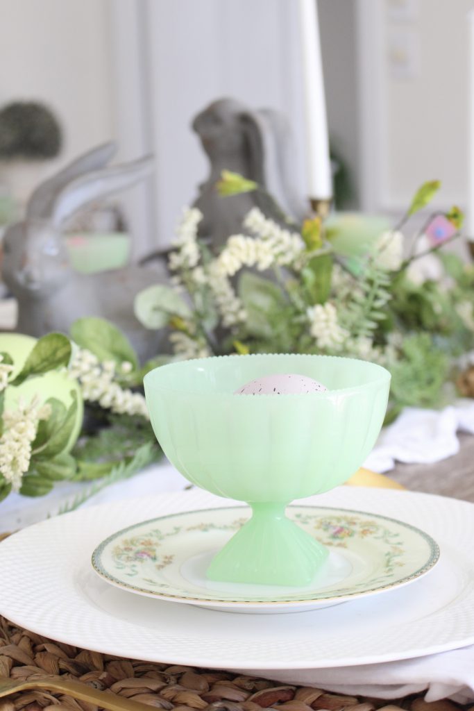 Easter- Tablescape- Pastel- milk glass- table setting- spring- decor- dining room- home decor- vintage china- Easter eggs- green opaque glass
