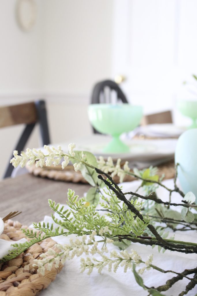 Easter- Tablescape- Pastel- milk glass- table setting- spring- decor- dining room- home decor- vintage china- Easter eggs- farmhouse chairs- mix and match dining chairs