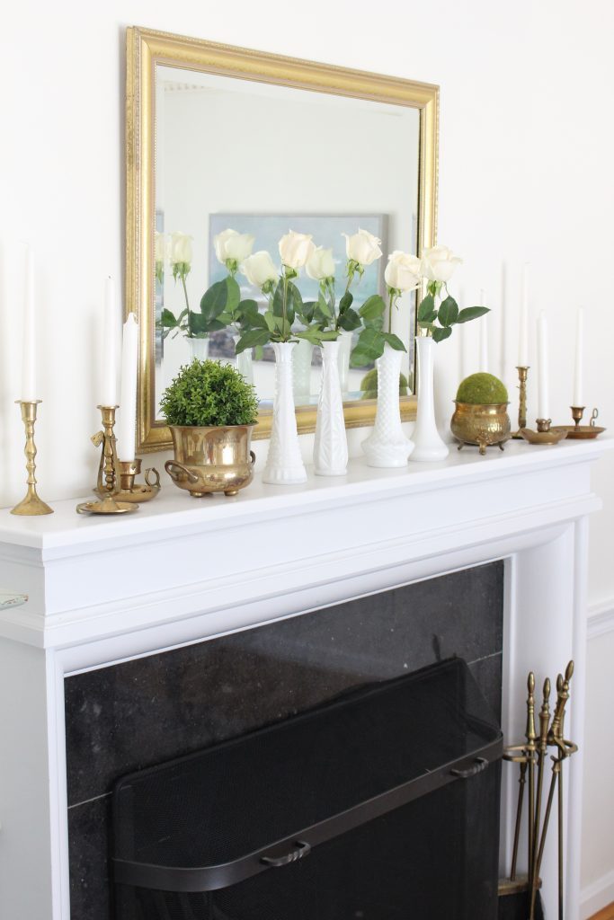Summer mantel- mantle decor- home decor- antique brass- candlesticks- milk glass- dining room decorating- dining room decor- DIY- farmhouse dining room- french country dining room- fireplace decor- summer decorating- decoration ideas- room design- thrift store shopping- antiques- gold accents