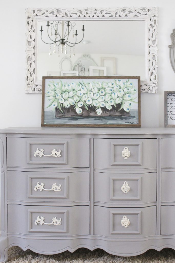 painted furniture- Deco Art- Artifact- home decor- DIY projects- gray painted dresser- master bedroom decor- bedroom design- cottage style- room decor ideas- white bedroom- farmhouse style- styling a dresser
