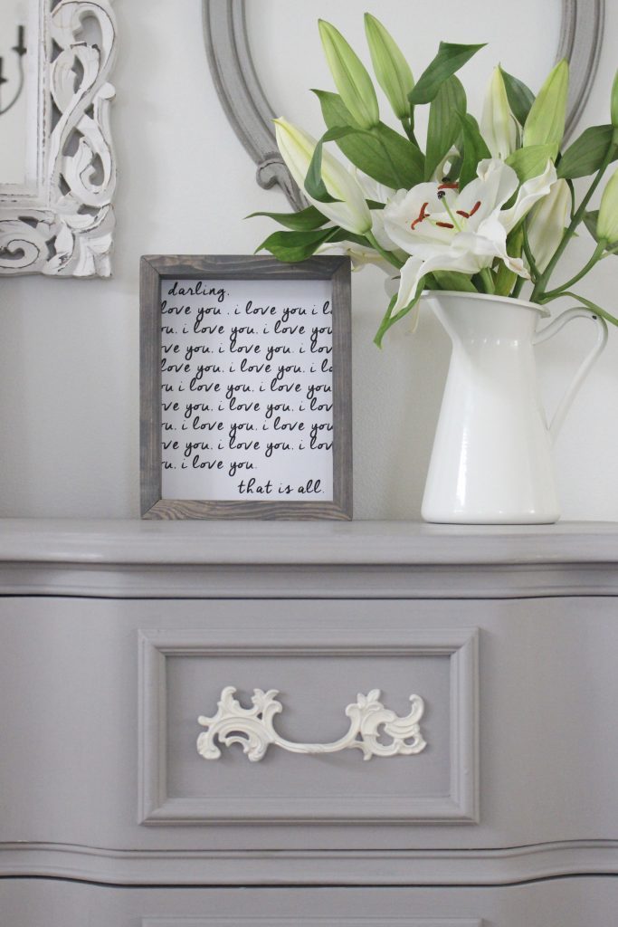 painted furniture- Deco Art- Artifact- home decor- DIY projects- gray painted dresser- master bedroom decor- bedroom design- cottage style- room decor ideas- white bedroom- farmhouse style- Sincerely US Shop- art- i love you art