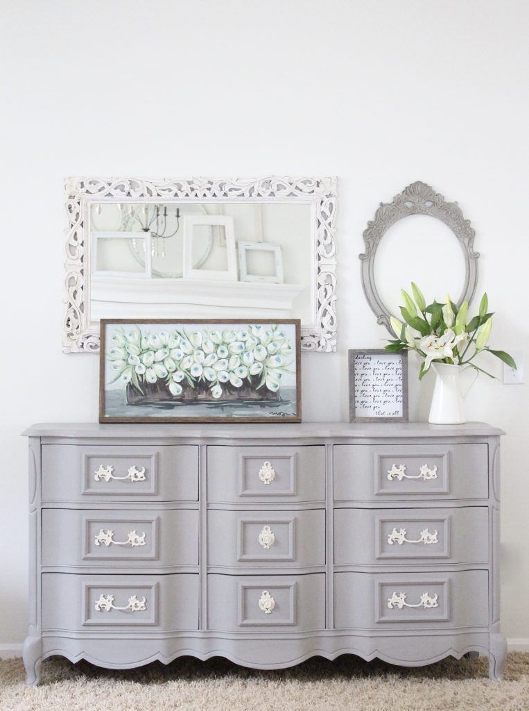painted furniture- Deco Art- Artifact- home decor- DIY projects- gray painted dresser- master bedroom decor- bedroom design- cottage style- room decor ideas- white bedroom- farmhouse style- custom artwork