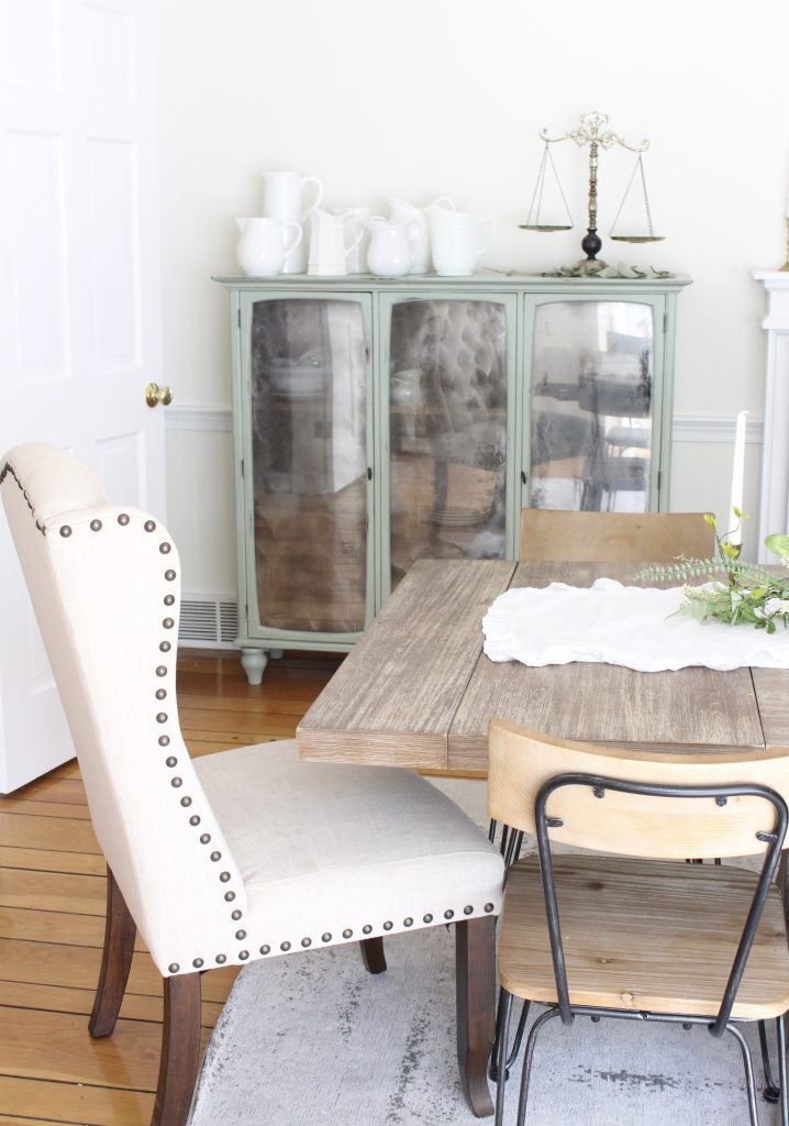 Hutch cabinet makeover- DIY- green- paint- cabinet- Do it Yourself projects- painted furniture- turning a hutch into a cabinet with legs- adding legs to furniture- dining room- furniture- storage piece- mirror spray paint- home decor- room design- farmhouse style