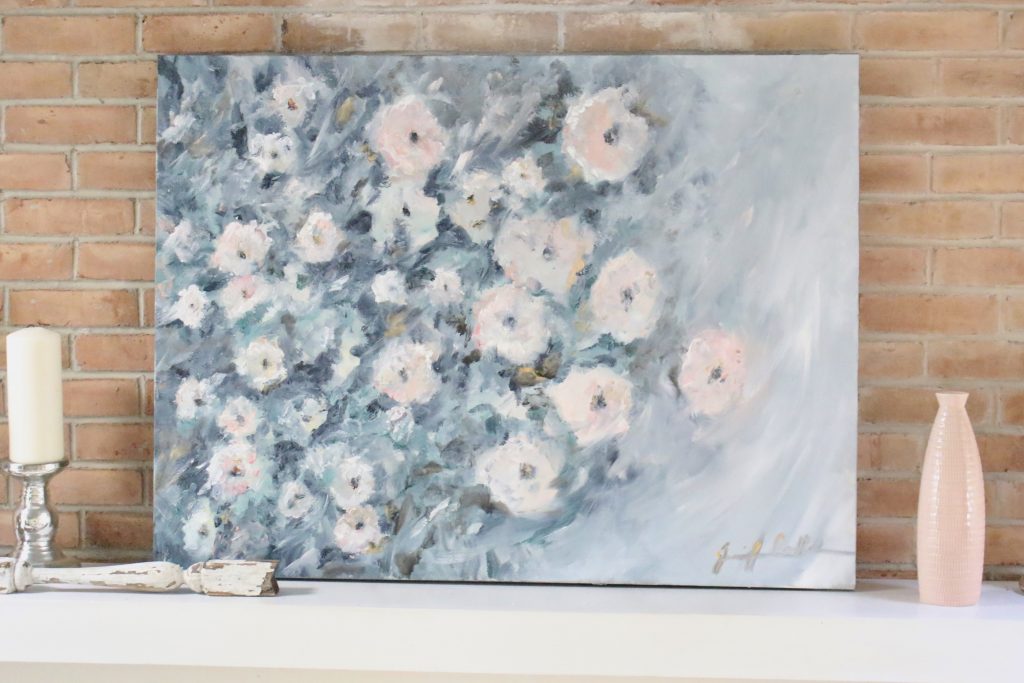Artwork- flowers- painting- muted colors- wall gallery- home decor ideas- painting- Jennifer Collander- art- wall decor ideas- summer- fresh- room decor- pastel color palette- canvas painting of flowers- mantel decor